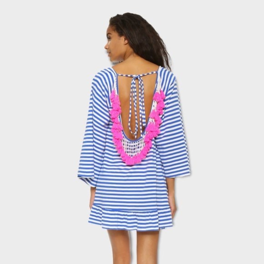Sundress | Blue White Stripe Pink Tassels Swim Cover Up Dress | size XS